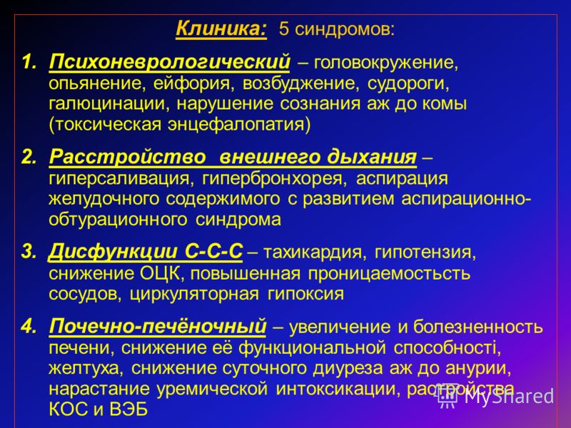 Синдром инфекционной интоксикации. Энцефалопатия токсического генеза. Синдромы при острых отравлениях. Экзогенно-токсическая энцефалопатия. Клинические проявления острых экзогенных отравлений.